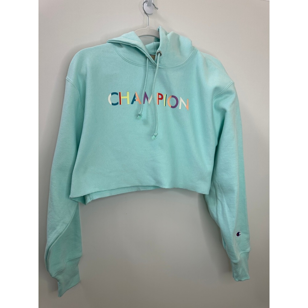 NWT Champion Reverse Weave Cropped Cut Off Hoodie Sweatshirt Blue M Oversized - Picture 2 of 12